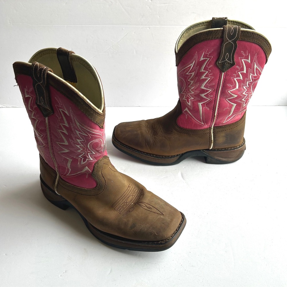 Durango Lil' Durango Cowboy Boots Girls 4M Brown Pink Cowgirl Square Toe Leather